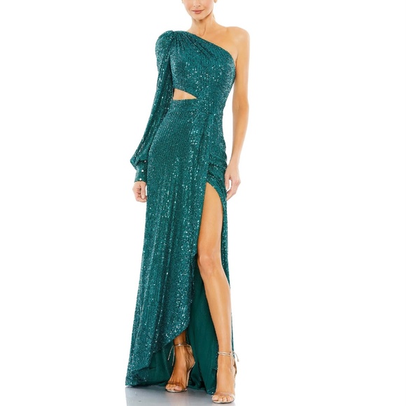 Mac Duggal Green Sequin Cutout One Shoulder Gown Dress size 2